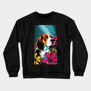 Beagle Dog Vibrant Tropical Flower Tall Retro Vintage Digital Pop Art Portrait 2 Crewneck Sweatshirt